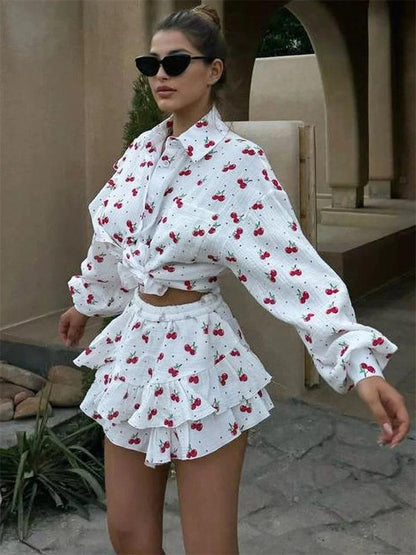 Tossy Ruffled Printed Patchwork 2 Piece-Set Female Lace-Up Long Sleeve Cardigan And High Waist Shorts Sets Ladies OOutfits 2025 - MauBai