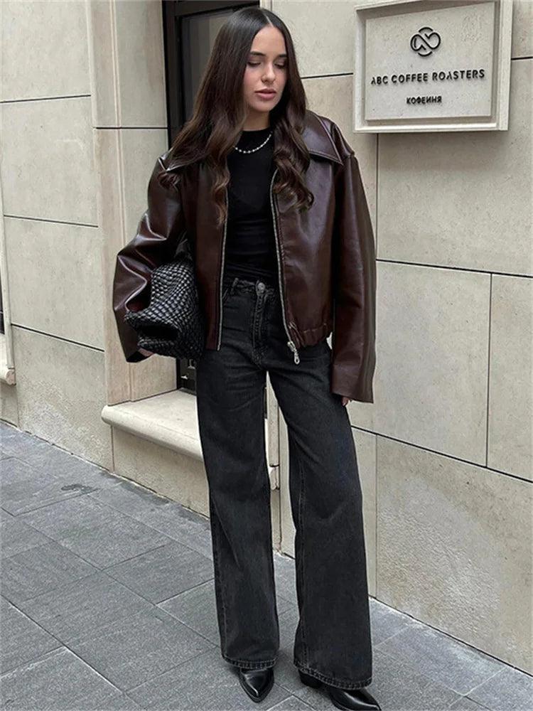 Tossy High Street Loose Female PU Coat Casual Zipper Slim High Waist Long Sleeve Patchwork Fashion Clothes Women Autumn Outwear