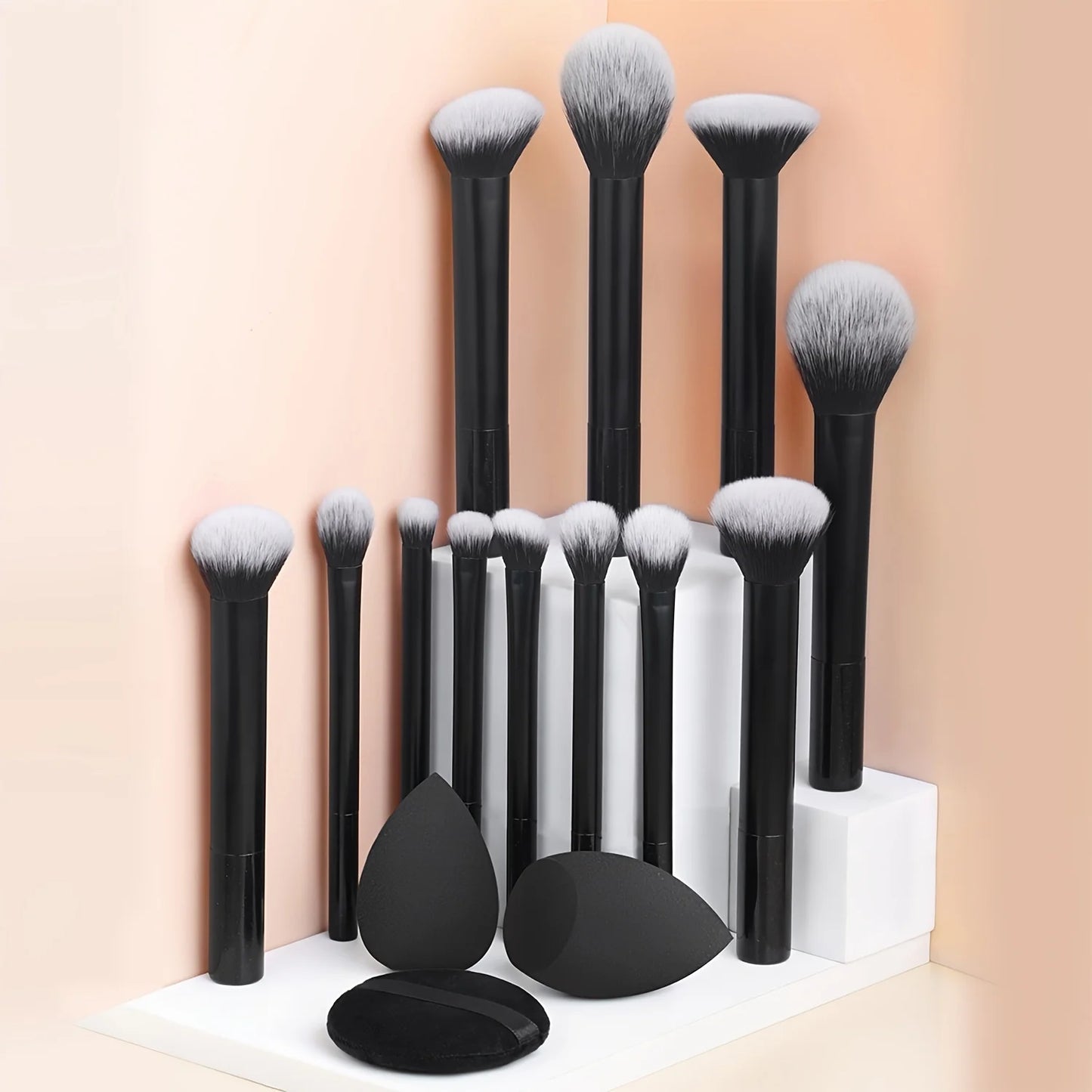 12-Piece Classic Full Makeup Brush Set with Angled and Teardrop Blenders, 1 Powder Puff - Professional Application Tools, Nylon