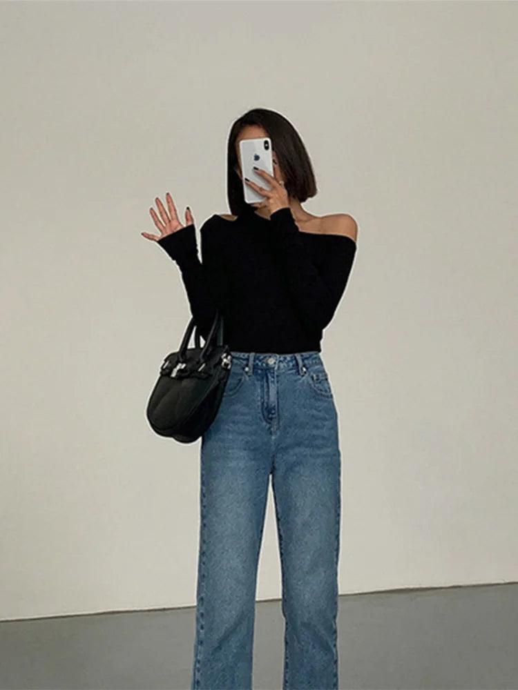 Fashion Skew Collar Off-shoulder Long-sleeved T-shirts Women Spring 2025 New Solid Slim Fit Crop Top Sexy Hollow Out Tees Shirts