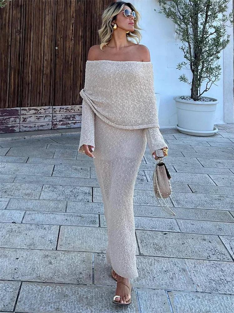 Tossy Knit Sweater Loose Maxi Dress Female Hollow Out Summer Patchwork High Waist Beach Holiday Dress Knitwear Long Dress 2024 - MauBai