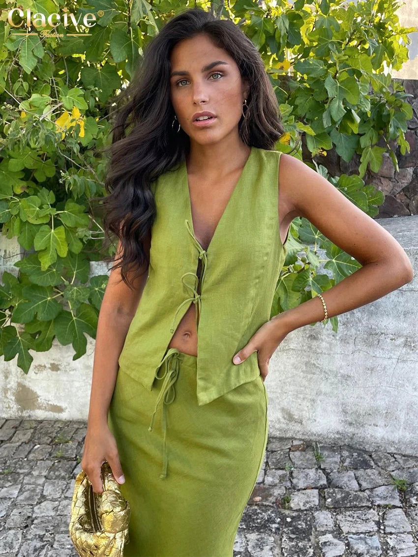 Clacive Sexy Slim Green Cotton 2 Piece Sets Women Outfit 2024 Summer Sleeveless Tank Top With Mid Waist Long Skirts Set Female