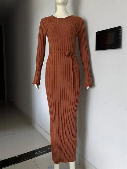 Tossy Lace-Up Female Knit Maxi Dress Autumn High Waist Fashion Patchwork Long Sleeve Loose Solid Dress Bandage Knitwear Dress - MauBai