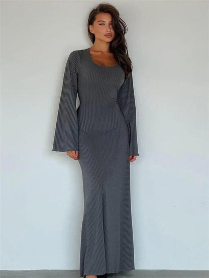 Tossy Scoop Neck Lace-Up Ribbed Maxi Dress Female Long Sleeve Fashion Slim Loose Bandage Dress Autumn 2023 Solid Women Dress New - MauBai