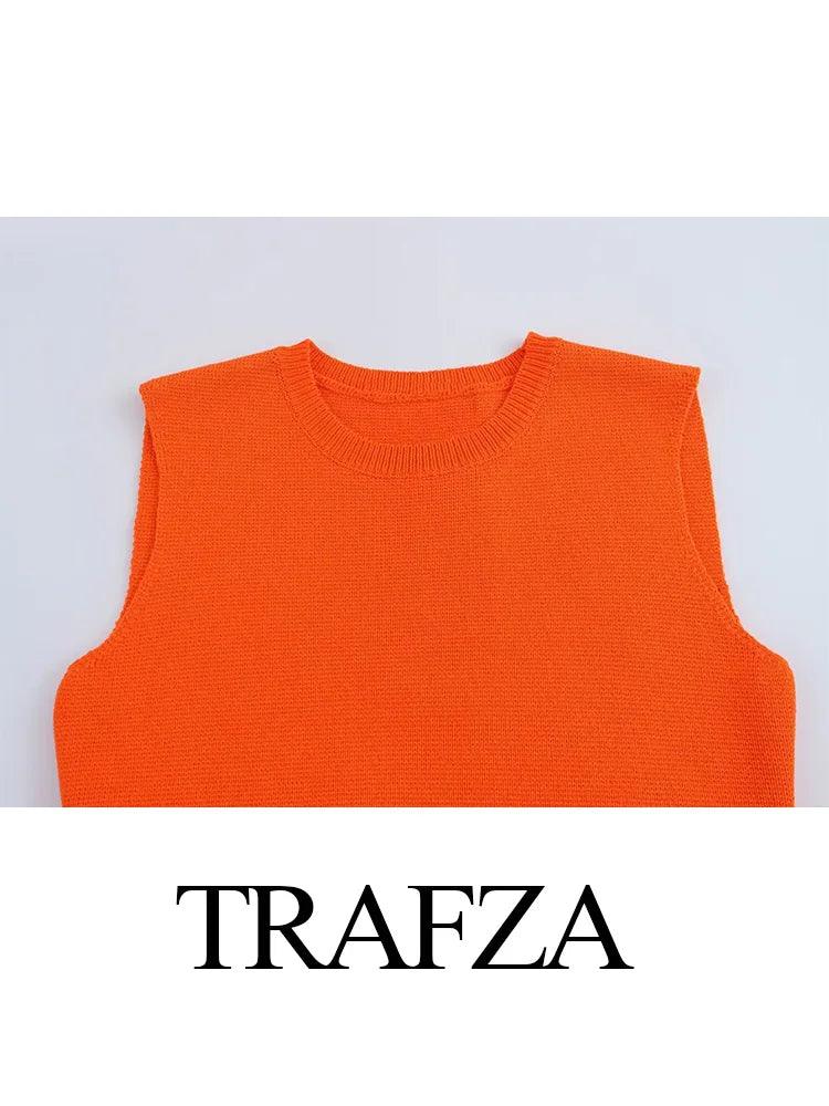 TRAFZA Women Fashion O-Neck Sleeveless Tops Pullover Vest Female Spring Nine-point Short Skirt Style Hem Knitted Sweater Tops - MauBai