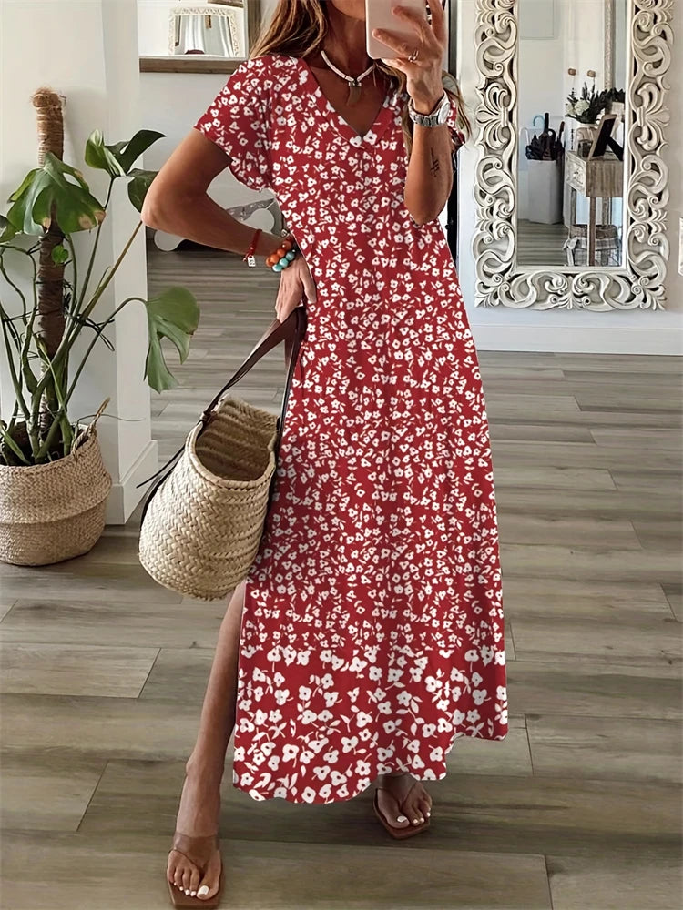 Women's Dresses Summer Ladies Textured Printed Evening Fashion Splicing V Neck Loose Bohemian Resort Split Long Dress Basic