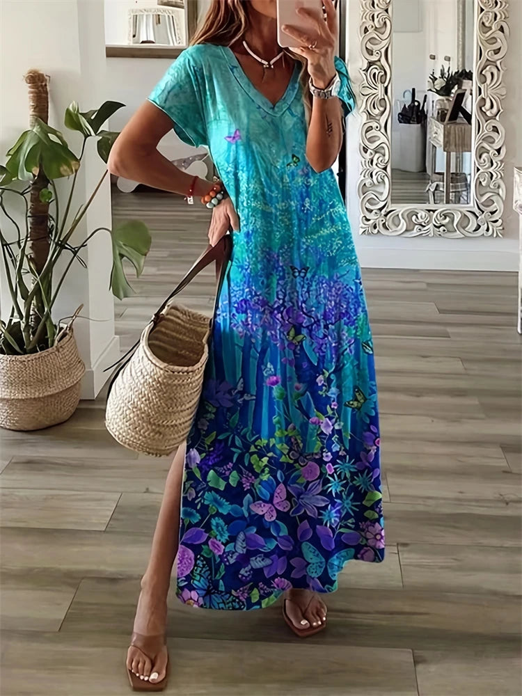 Women's Dresses Summer Ladies Textured Printed Evening Fashion Splicing V Neck Loose Bohemian Resort Split Long Dress Basic