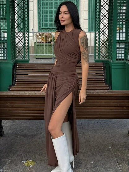 Tossy Elegant Backless Pleated Maxi Dress Female Sleeveless Slim See-Through Solid High Waist Party Dress Women's Autumn Dress