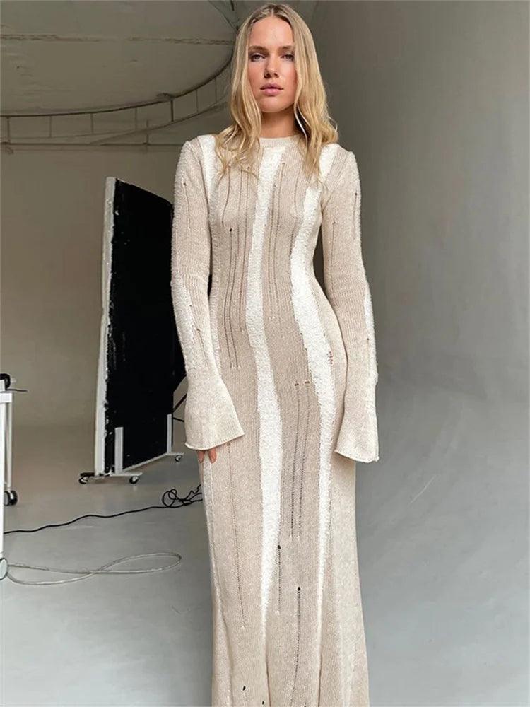 Tossy Sexy Hollow Out Knit Maxi Dress For Women Slim Elegant Fashion Long Sleeve Autumn 2023 Party Dress Female Knitwear Dress - MauBai