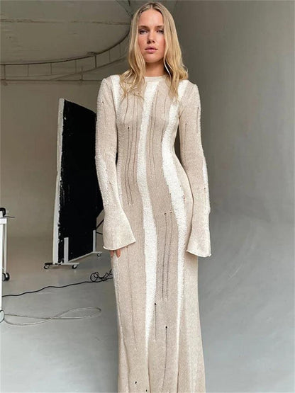 Tossy Sexy Hollow Out Knit Maxi Dress For Women Slim Elegant Fashion Long Sleeve Autumn 2023 Party Dress Female Knitwear Dress - MauBai