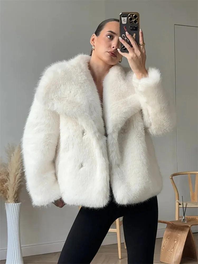 Tossy White Fur Feather Loose Outwear Women's Long Sleeve Casual Tassel Winter 2025 Solid Cardigan Streetwear Lapel Female Coat - MauBai