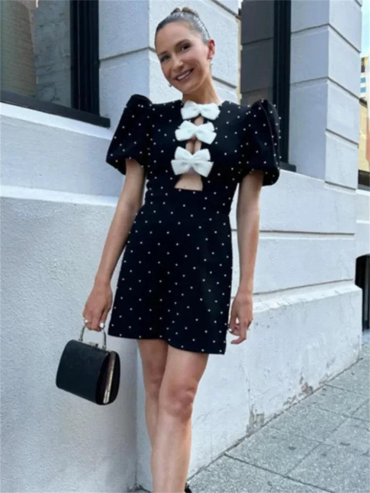 Tossy Fashion Bow Love Mini Dress Women Hollow Out Patchwork Elegant Short Sleeve Party Dress Female High Street Ladies Dress - MauBai