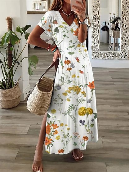 Women's Dresses Summer Ladies Textured Printed Evening Fashion Splicing V Neck Loose Bohemian Resort Split Long Dress Basic