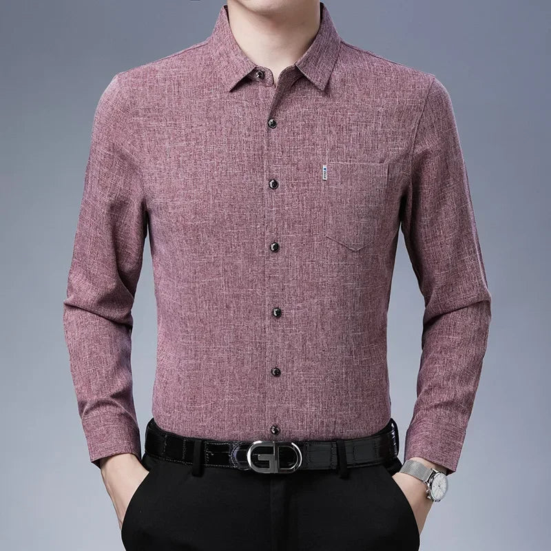 Gift Four Seasons Non ironing Middle aged Men Casual Shirt Imitation Linen Solid Color Shirt Fashion Business True Pocket DadSet