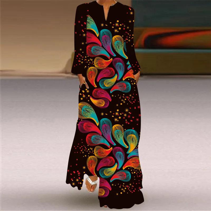 Ladies Autumn Long Dress Women Black Long Sleeve V-neck Elegant Dresses Party Casual Printed Vintage Female Dress For Women 2024