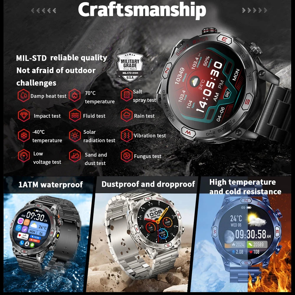 1ATM Waterproof Outdoor Military SmartWatch Men 450 MAh Battery Compass Health Monitoring Bluetooth Calling Smart Watch 2024 New