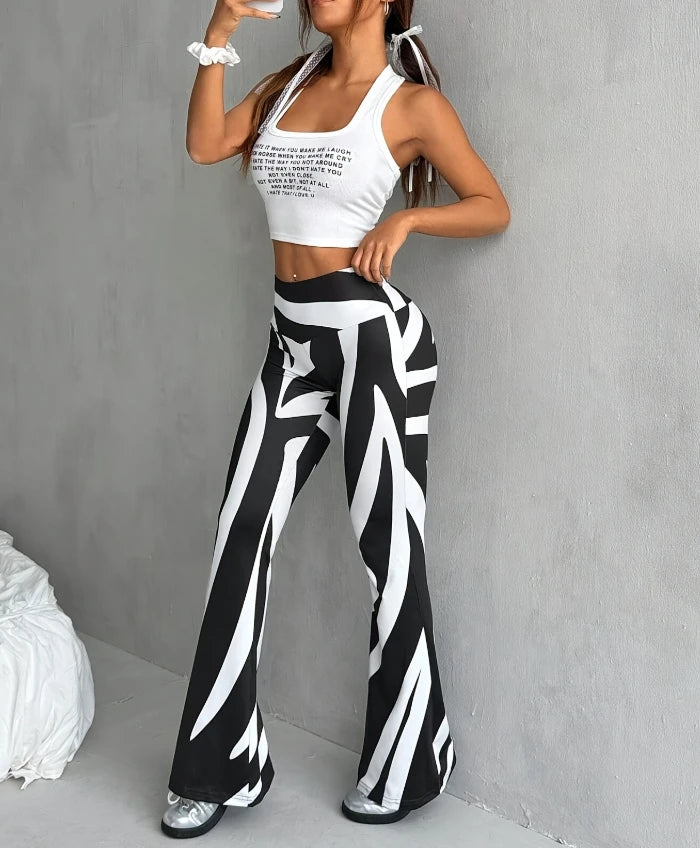 2025 New Fashion Women's Sexy Bell Bottom Pants with Fashionable Printed High Waist and Hip Hugging Casual Pants for Women