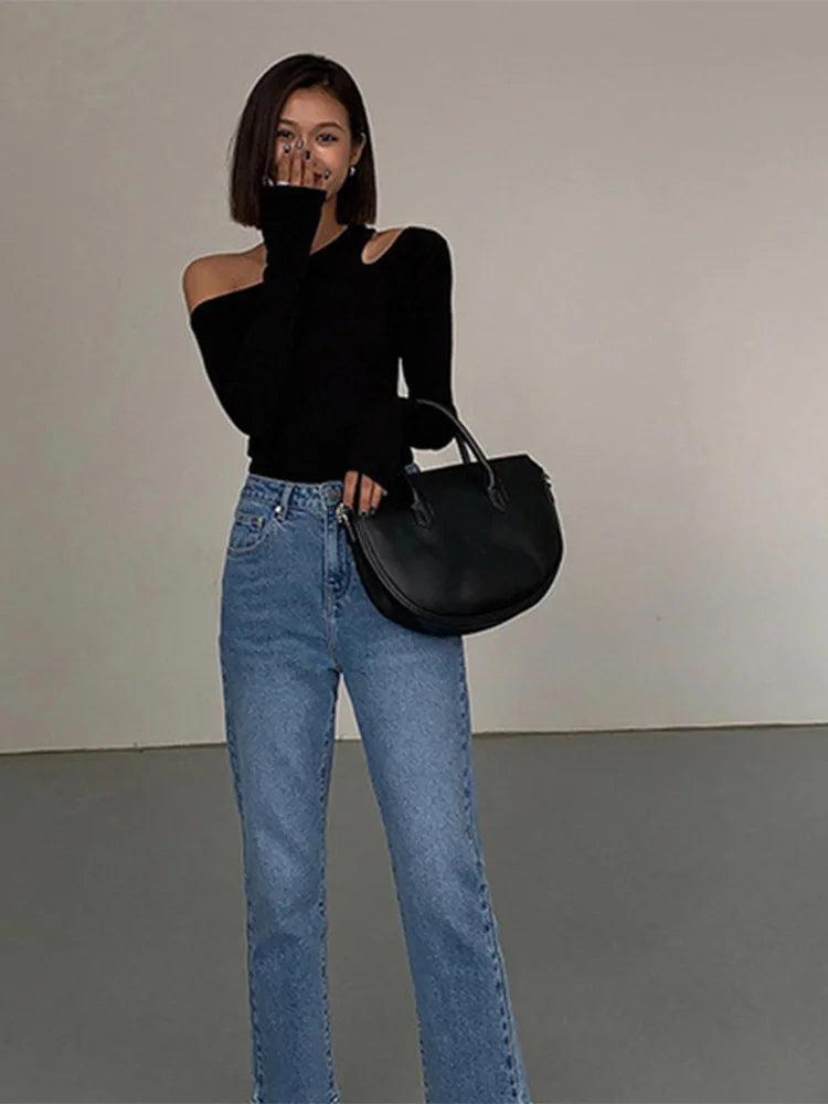 Fashion Skew Collar Off-shoulder Long-sleeved T-shirts Women Spring 2025 New Solid Slim Fit Crop Top Sexy Hollow Out Tees Shirts