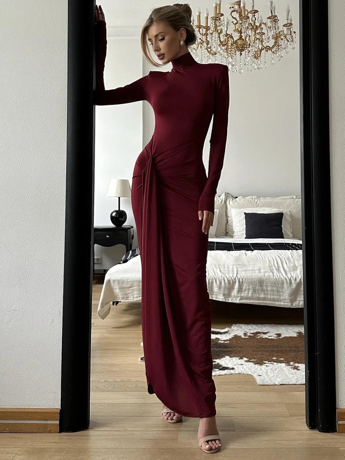 Tossy Fashion Pleated Bandage Long Dress For Women High Waist Slim Patchwork Long Sleeve Elegant Commute Women's Maxi Dress 2025 - MauBai