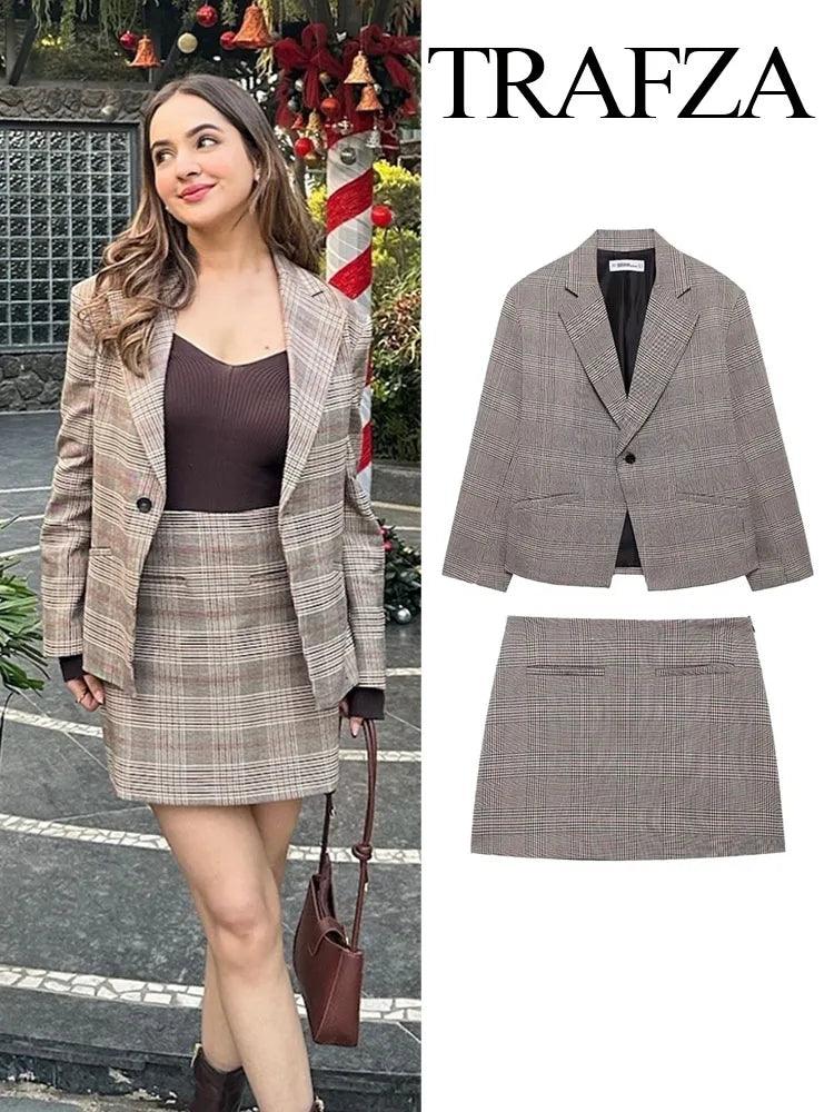 TRAFZA Women's Fashion Suits Plaid Turn-Down Collar Long Sleeves Single Button Blazers+High Waist Zipper Skirt Female Spring Set - MauBai