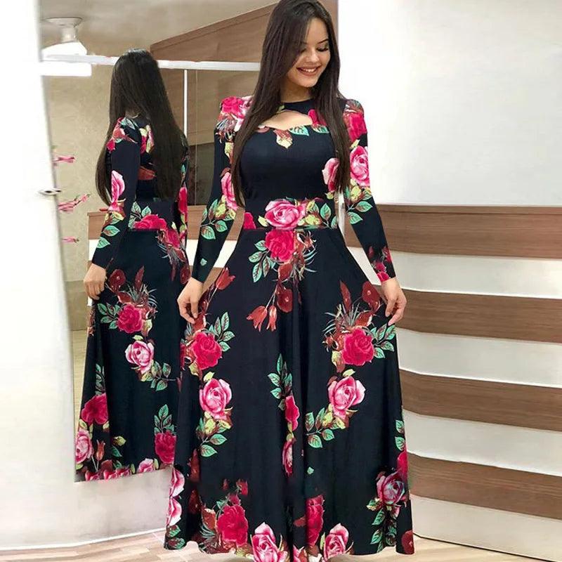 Spring /Autumn Fashion Flower Long Sleeved O-Neck Hollow Slim Fit Dress Women Elegant Long Vestido Maxi Clothes Robe Sexy Femme - MauBai