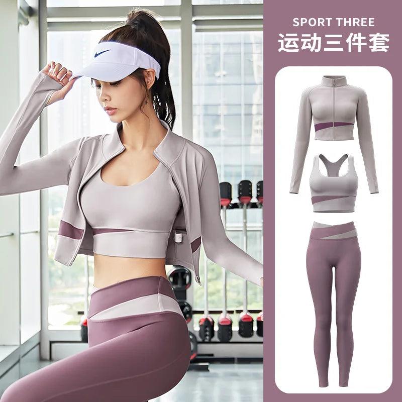 Women Yoga Patchwork 3 Piece Set Fitness Gym Coats+Bra+Leggings Workout Running Sportswear Clothing Tracksuit Ensemble Femme - MauBai