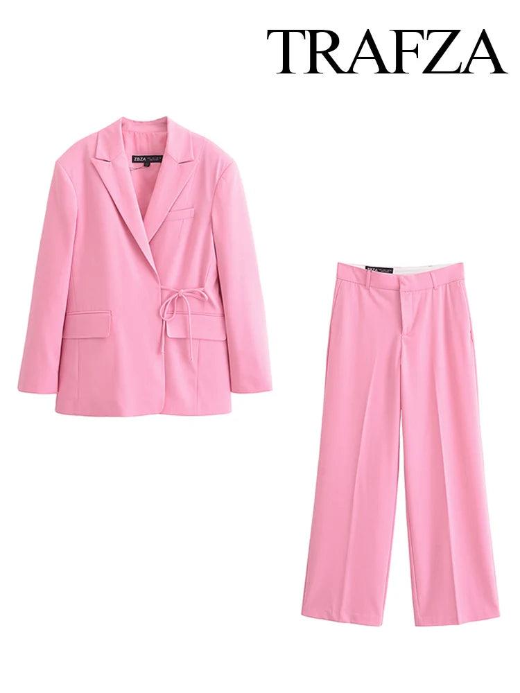 TRAFZA Women Pink Blazer Suit Turn-Down Collar Long Sleeves Pocket Lace-Up Blazers Top+Fashion High Waist Zipper Wide Leg Pant - MauBai