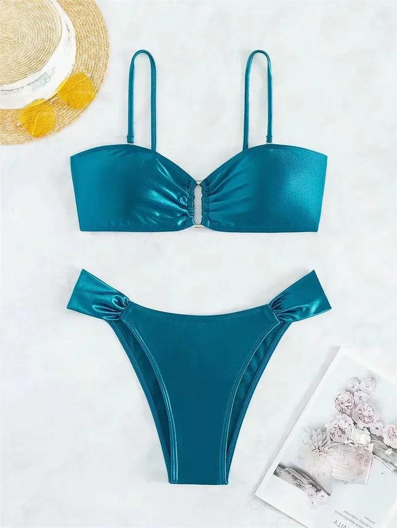 New Pleated Bikini Set Shiny Swimwear Solid Color Swimsuit Women Sexy Bikinis Two Piece Suits High Cut Biquini Beach Wear - MauBai