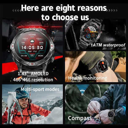 1ATM Waterproof Outdoor Military SmartWatch Men 450 MAh Battery Compass Health Monitoring Bluetooth Calling Smart Watch 2024 New