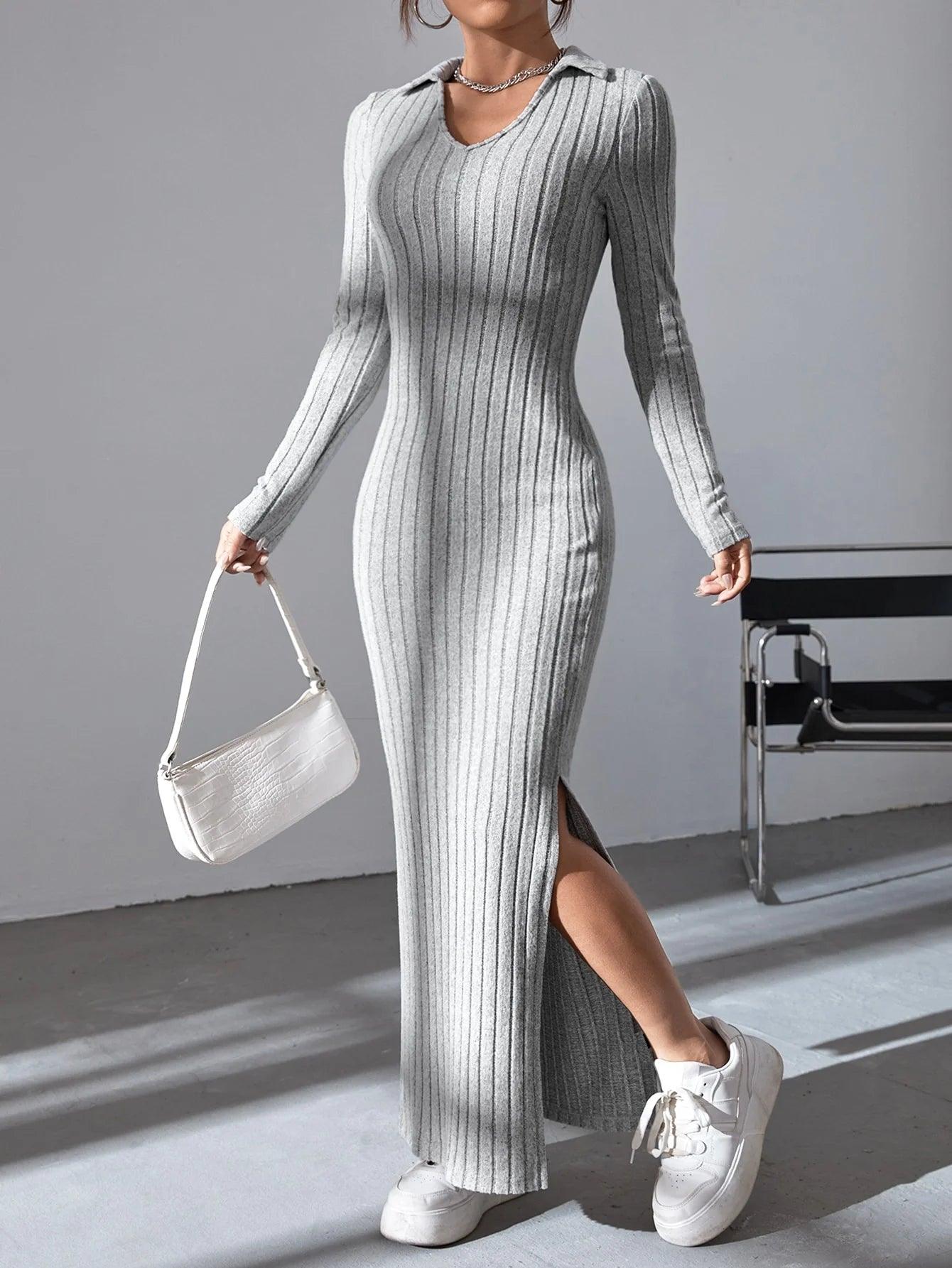 Women sexy knit V-neck reverse neck split dress autumn winter full sleeve elastic basic body sweater - MauBai