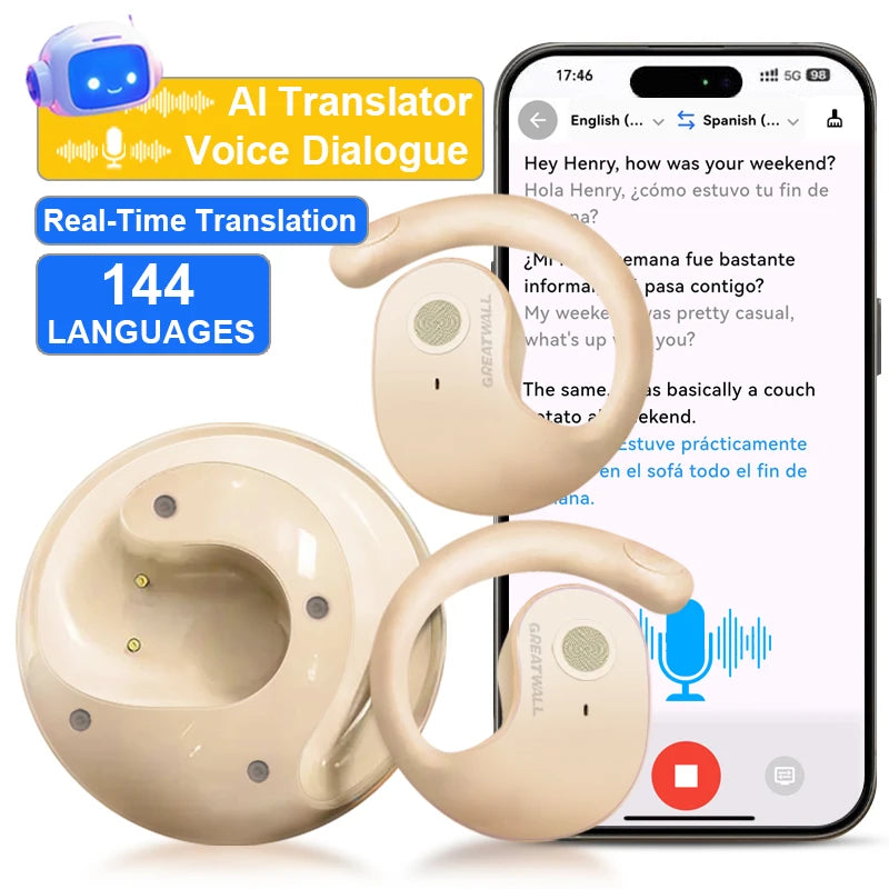 GreatWall AI Translator Wireless Bluetooth Earphones Voice Dialogue Translation Headset Headphones HiFi Stereo HD Call Earbuds