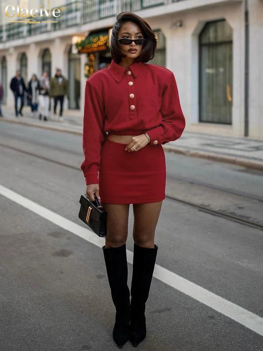 Clacive Fashion Slim Red 2 Piece Sets Women Outfit 2024 Elegant Long Sleeve Crop Top With High Waist Mini Skirts Set Female