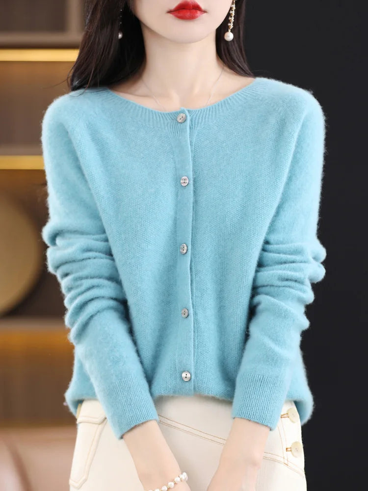 Addonee Women 100% Merino Wool Sweater Cashmere O-neck Cardigan Raglan Sleeve Classical Knitwear Solid Fashion Basic Clothing