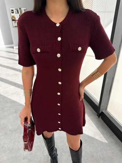 Tossy White Knit Mini Dress For Women Fashion Short Sleeve Patchwork Pocket Loose Elegant Dress Women's Knitwear Mini Dress 2024 - MauBai