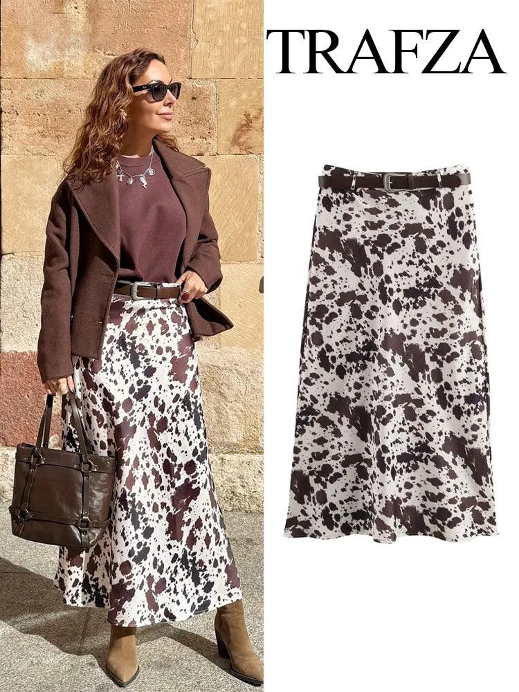 TRAFZA Women New Fashion Print Belt Decorate Skirt Female Summer Elegant High Waist Side Zipper Slim Casual Long Skirt Mujer - MauBai