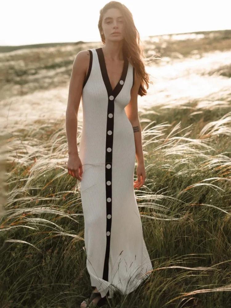 Tossy Knit Cardigan Maxi Dress Women's Summer V-Neck Contrast Sleeveless Ribbed Fashion Elegant Dress Female Knitwear Long Dress - MauBai