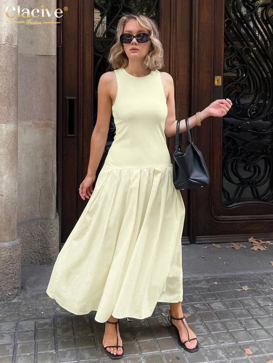 Clacive Bodycon Yellow Knitted Women's Dress 2024 Summer Sleeveless Ankle Length Dresses Elegant Slim Patchwork Female Dress