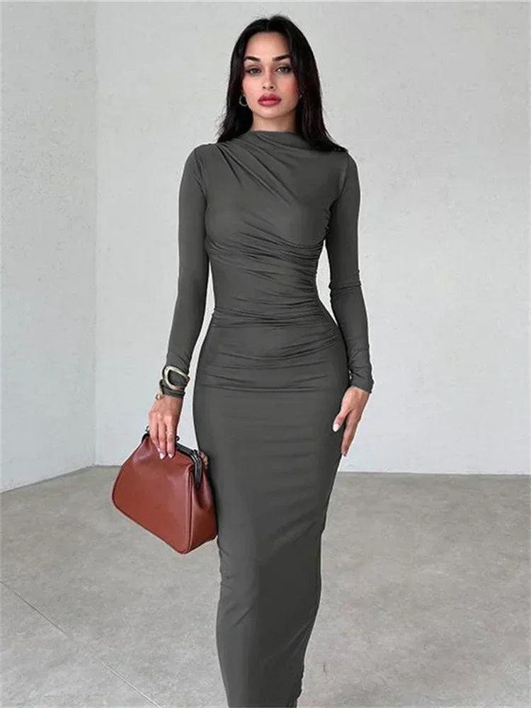 Tossy Pleated Long sleeved Slim Maxi Dress Women Solid Fashion Elegant Party Dress Gown Off-Shoulder High Waist Bodycon Dress - MauBai