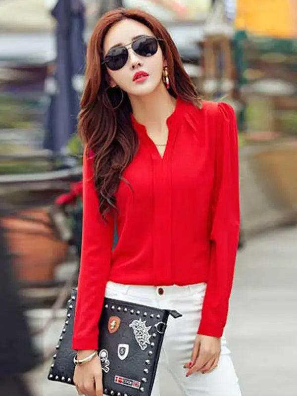 Long Sleeve Shirt Women Autumn Clothing Fashion Slim Chiffon Blouse V Neck Korean Elegant Ladies Office Shirts White Red DF2324 - MauBai