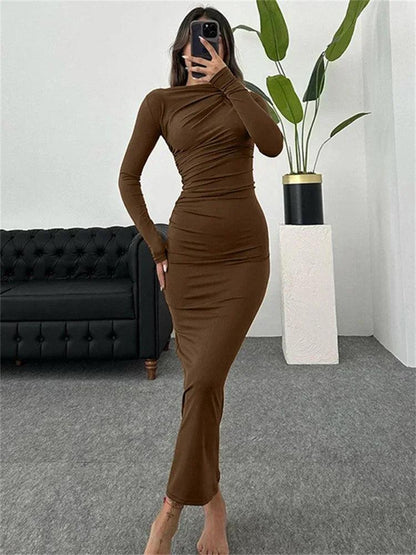 Tossy Pleated Long sleeved Slim Maxi Dress Women Solid Fashion Elegant Party Dress Gown Off-Shoulder High Waist Bodycon Dress - MauBai