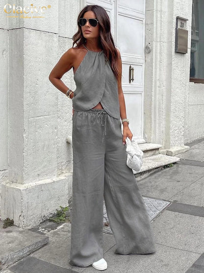 Clacive Sexy Loose Gray Cotton 2 Piece Sets Women Outfit 2024 Summer Halter Sleeveless Tank Top With High Waist Wide Pants Set