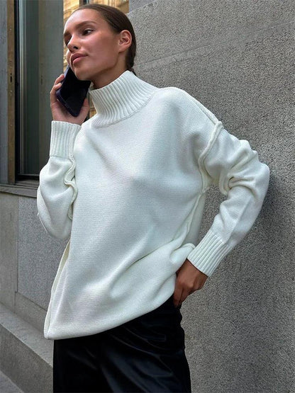 Tossy Winter Knit Turtleneck Pullover Female Clothes Loose Casual Ribbed Patchwork Long Sleeve Oversized Sweater Women Knitwear - MauBai