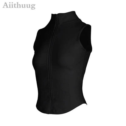 Aiithuug Athletic Zip Up Sweat Vest Jacket Sleeveless Running Yoga Tops High Neck Shirts Sports Top Fitness Women Workout Tops - MauBai