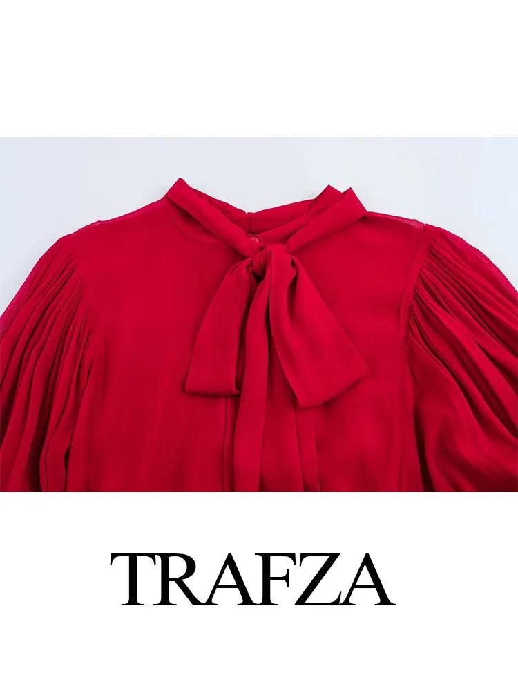 TRAFZA Women's Fashion Classic Single Breasted Bow Decorated Shirt Female Elegant Wrinkled Slim Casual Long Sleeve Shirt Mujer - MauBai