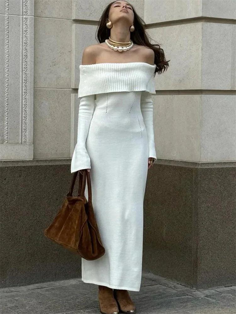 Tossy White Autumn Knit Sweater Long Dress Women Ribbed High Waist Fashion Off-Shoulder Loose Party Dress Female Knitwear Dress - MauBai