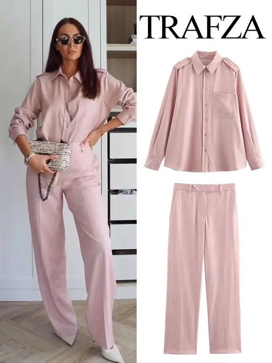 TRAFZA Women's Fashion Suit Pink Turn-Down Collar Long Sleeve Single Breasted Shirts+High Waist Long Pants Female Spring Sets - MauBai