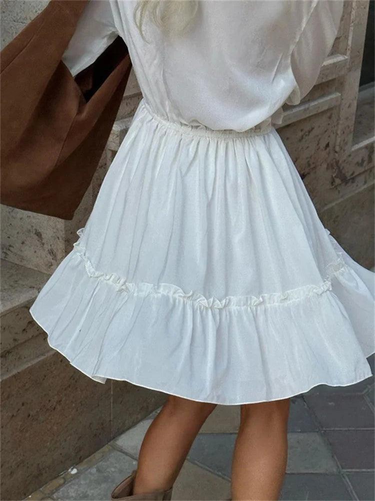 Tossy Ruffled V-Neck White Mini Dress Female Patchwork Long Sleeve Elegant Bandage Fashion Dress High Waist Lace-Up Women Dress - MauBai