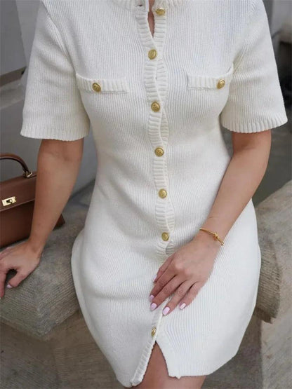 Tossy White Knit Mini Dress For Women Fashion Short Sleeve Patchwork Pocket Loose Elegant Dress Women's Knitwear Mini Dress 2024 - MauBai