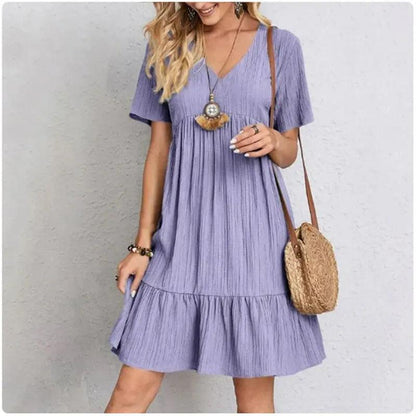 Women Summer Peplum Dresses Spring V-Neck Short Sleeve Loose Waist Ruffle Fit Flare Vocation Dresses - MauBai