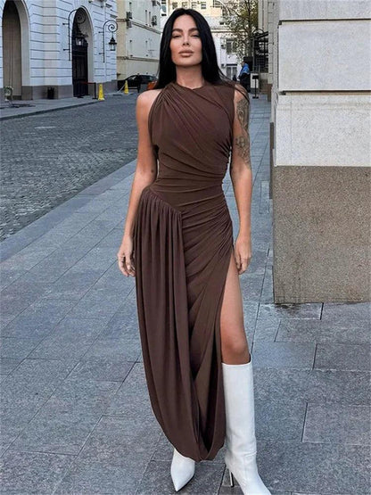 Tossy Elegant Backless Pleated Maxi Dress Female Sleeveless Slim See-Through Solid High Waist Party Dress Women's Autumn Dress